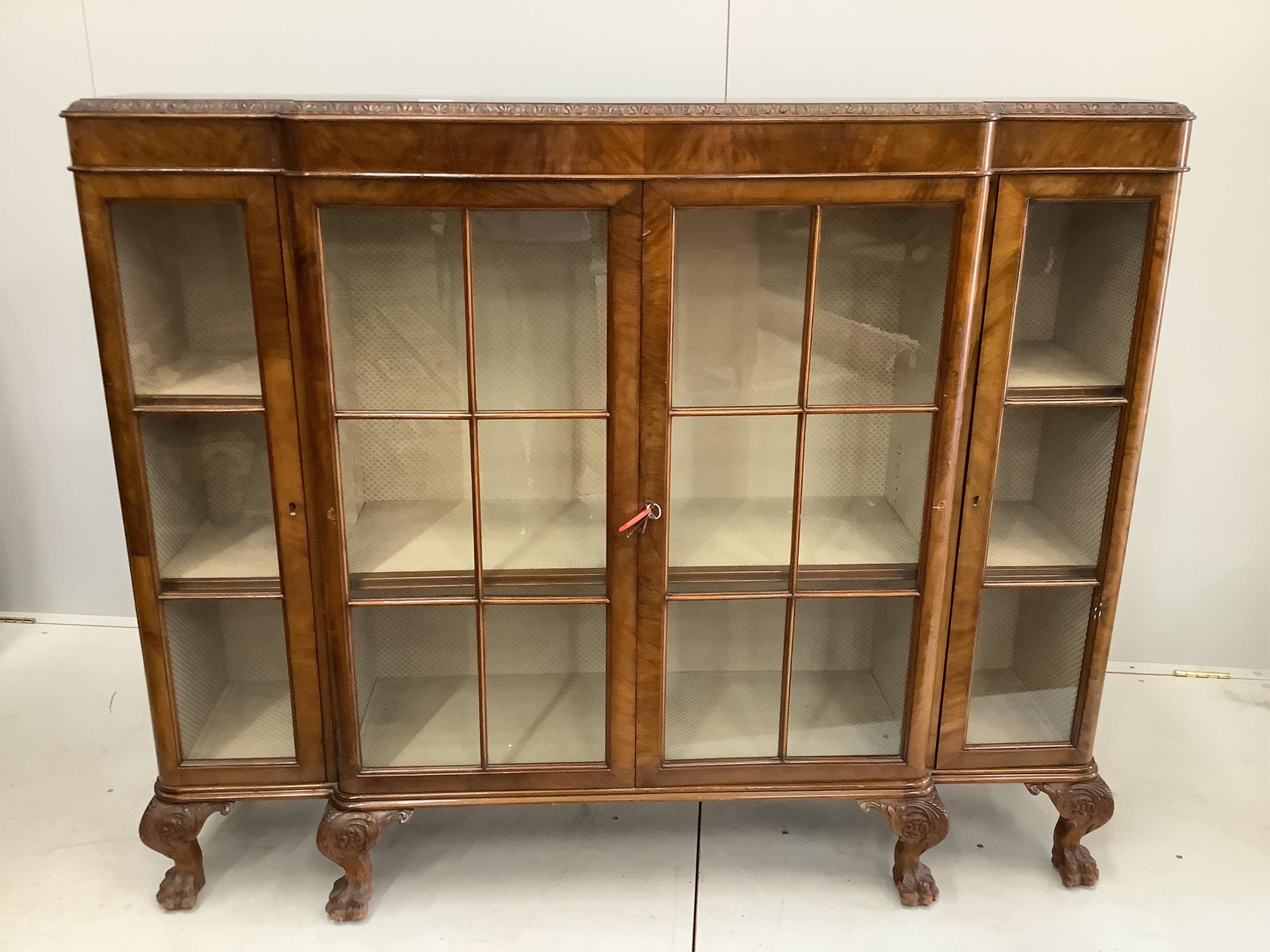 A Queen Anne Revival walnut breakfront display cabinet, width 138cm, depth 36cm, height 114cm